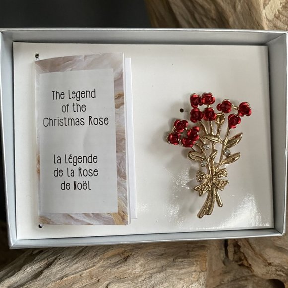 Brooch-Christmas Rose Pin Gold -Red - Picture 1 of 3